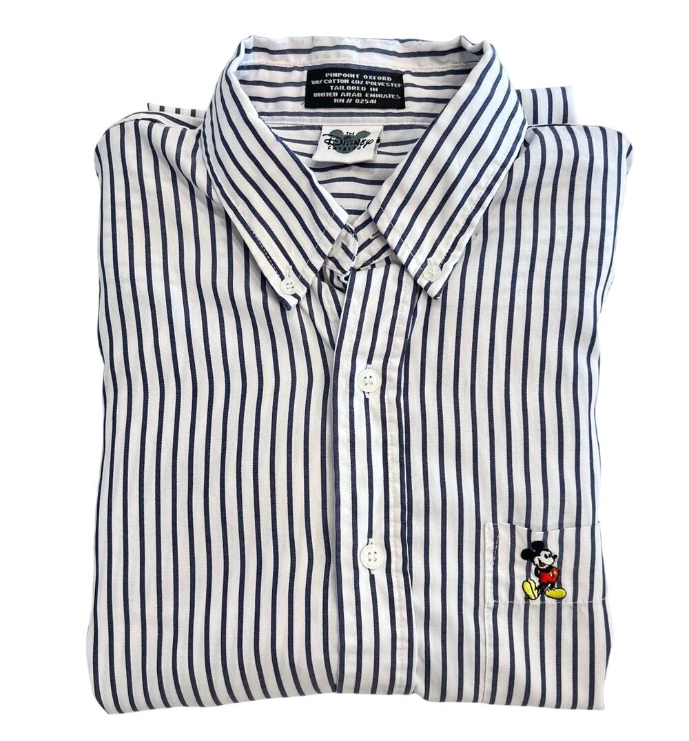 DISNEY CATALOG Men's Mickey Button Down Striped Dress Shirt XL Long Sleev Blue